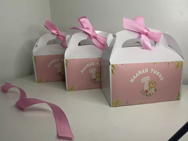 Rosa Teddy Blumenmuster Thema Baby dreht sich 1 Kinder Partytasche Lebensmittelboxen