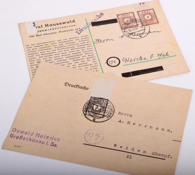 2 original Belege Frankatur SBZ Ziffern 1945 + Randstücken gezähnt + geschnitten