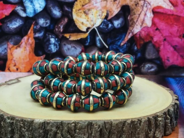 Tibetan Nepalese Artisan Handmade Brass Turquoise Coral Masala 49 beads Tibet 2