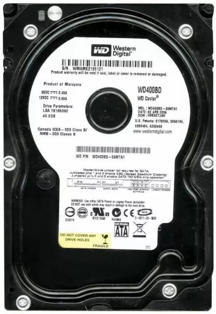 Disque Dur Western Digital Caviar WD400BD 40GB SATA 7200U/Min 2MB 3.5'' Pouces