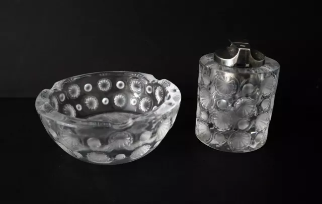 LALIQUE France Tokyo Pattern Glass Ashtray and Cigarette Lighter Set c1950's.