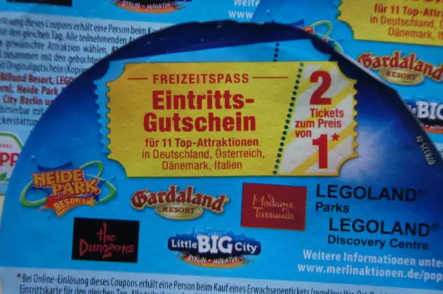 1 X  2 für 1 Gutschein Heide Park Legoland Gardaland Dungeons usw. Saison 2023