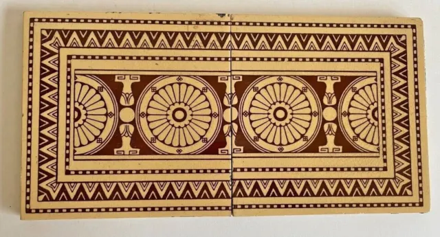 Pair Of Antique Minton China Works Tiles Geometric Cream & Brown Artistic Design