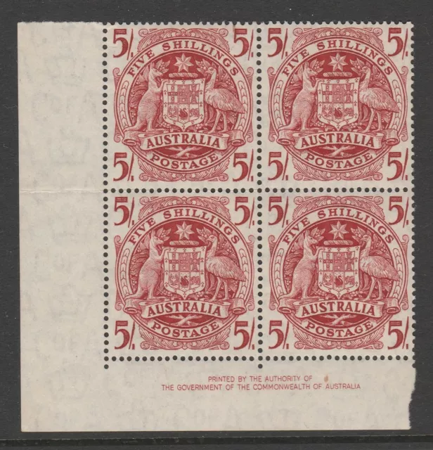 Australia 1948-56 5/-Claret in Imprint block of four SG 224a Mnh.