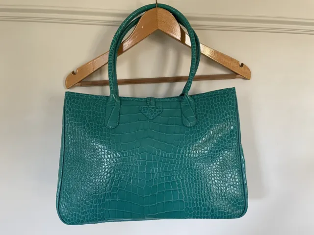 NWT Authentic Longchamp Roseau Croc Embossed Leather Tote Bag Turquoise 12