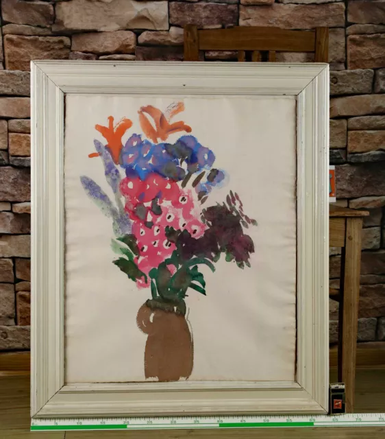 Antiguo Acuarela Flor Ramo de Flores Marrón Florero con Marco 76x64cm