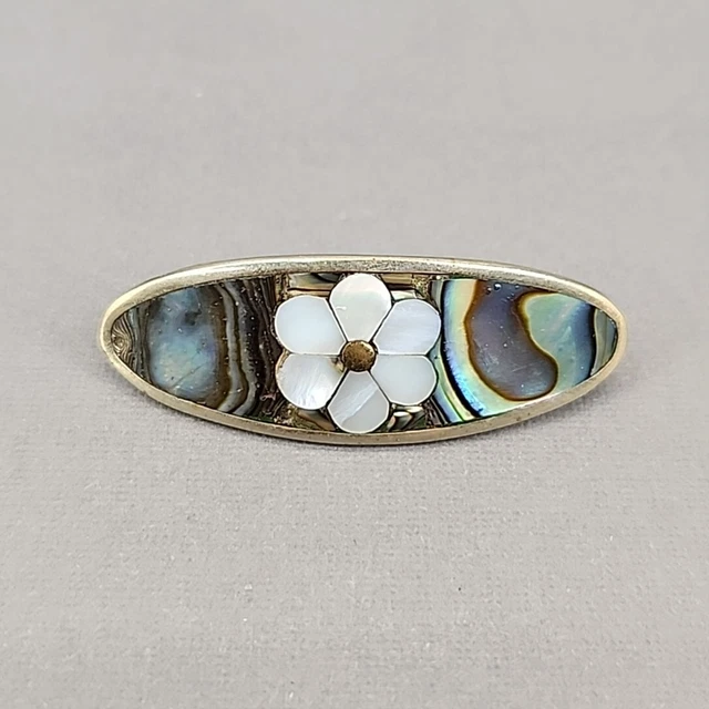 Hair Clip Vtg Abalone Mexico Silver Tone White Mother of Pearl Flower Pin 1 7/8"