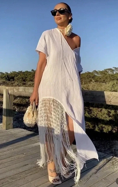 ZARA LONG FRINGED Linen Dress V-Neck White Tunic Fringe 7495/810 Minimalist  Si L 17.22 - PicClick UK