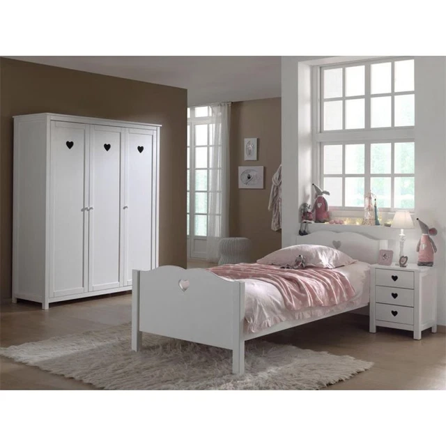 Paris Prix - Pack - Lit Enfant, Sommier, Chevet & Armoire "amori" 90x200cm Blanc