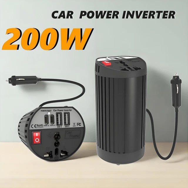 INVERSOR CARRO 200 W DC 12V - 2 AC 220V /50 HZ - 2 USB A 24W - 2 USB C PD 24W exa