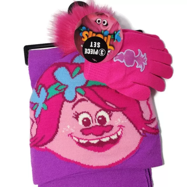 DreamWorks Trolls Hat Scarf Gloves Set Girls Sz 4-6x Poppy 3 Piece Set NWT Gift 2