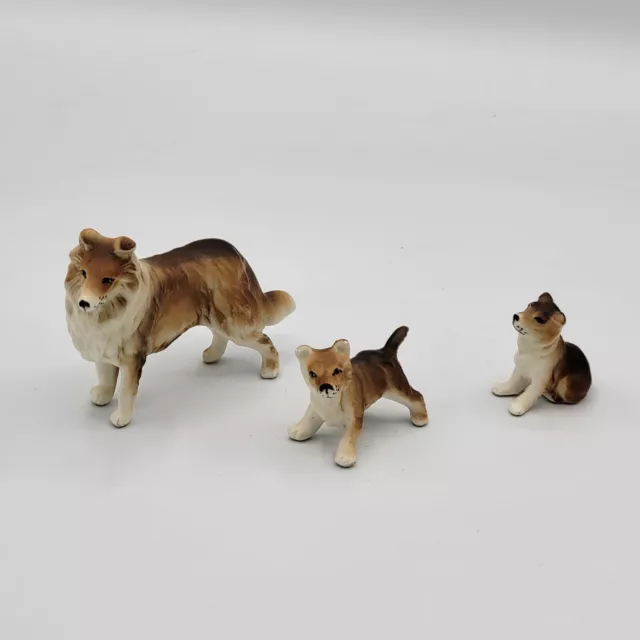 Vintage Collie Dog Family Set Of 3 Porcelain Miniature Figurines Dollhouse 3