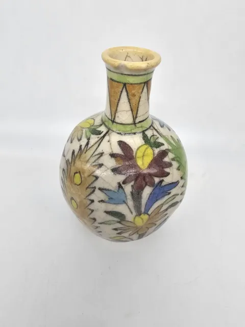 Vintage Persian Pottery Glazed Iznik Qajar Vase with Long Neck 7"