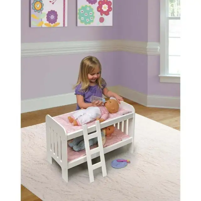 20" Doll Bunk Bed w/ Bedding Ladder Girls Pretend Play Toy Furniture White/Pink