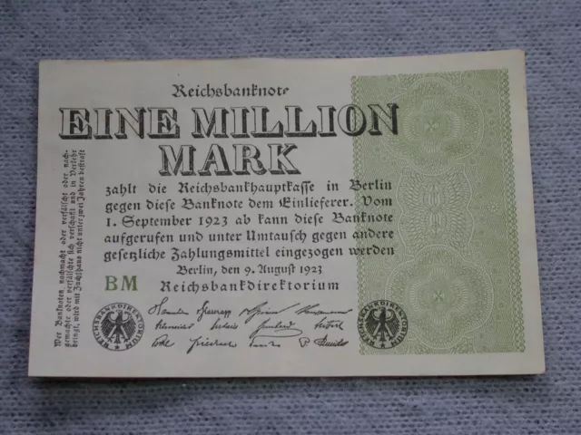 REICHSBANKNOTE EINE MILLION MARK GEBROCHENES "e" IN REICHSBANKNOTE 9.8.1923