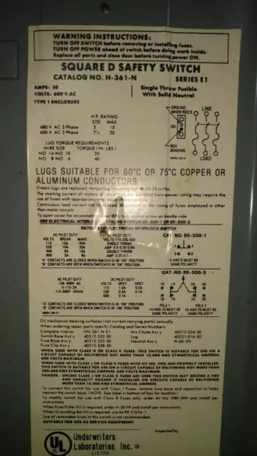 Interrupteur de charge de sécurité robuste Square D 30A 600V boîtier type I H361N 3