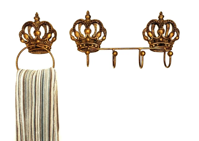 BATH TOWEL RING & 4-HOOK HANGER SET (2 PC) CROWN ORNATE DECOR Golden Brown