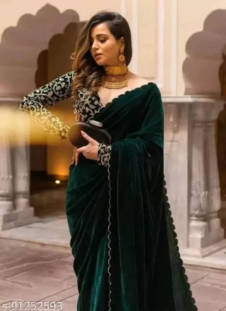 Saree Sari Bollywood Green Velvet Silk Indian Designer Sari Party Wedding Saree