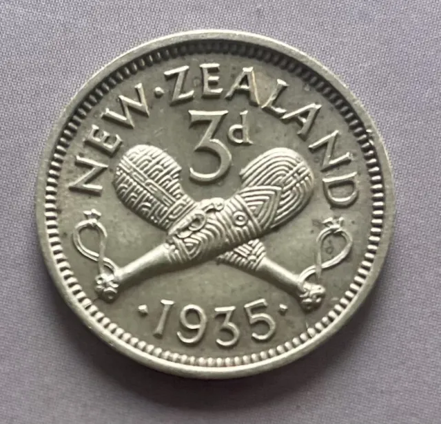 1935 New Zealand Threepence aUnc. Very Rare Coin. PLEASE READ POSTAGE DETAILS.