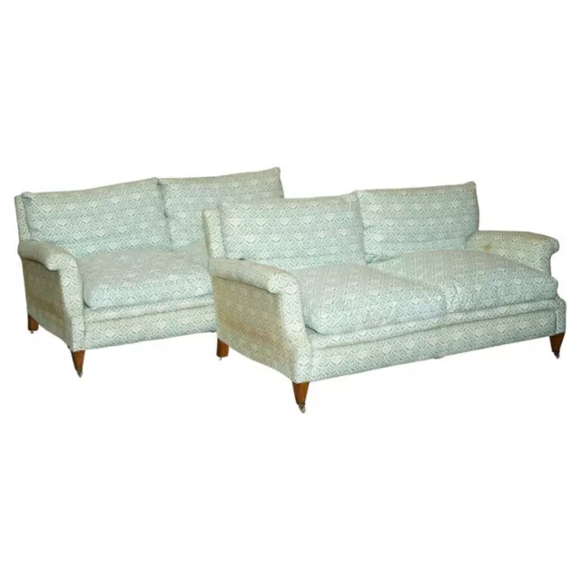 Super Comfortable Pair Of Howard & Son's Lenygon & Morant Ticking Fabric Sofas