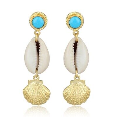 Cowrie Shell Gemstone Earrings Yellow Gold Plated Fancy Turquoise Brass Earring