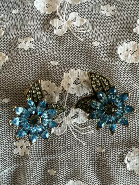 Heidi Daus Blue Flower Green Leaves Crystal Rhinestone Clip On Earrings
