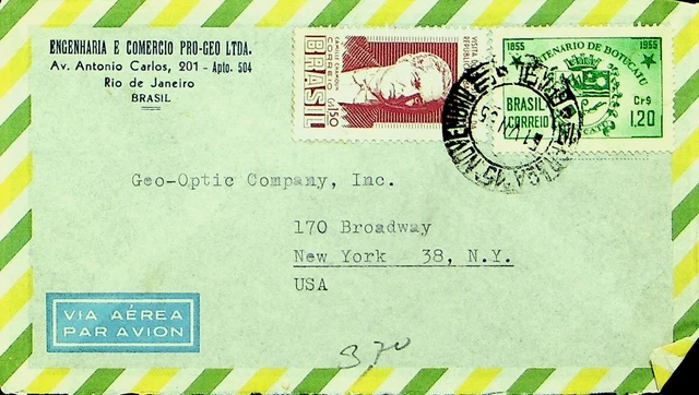 BRAZIL 1955 2v ON AIRMAIL COVER FROM RIO DE JANEIRO TO NEW YORK USA