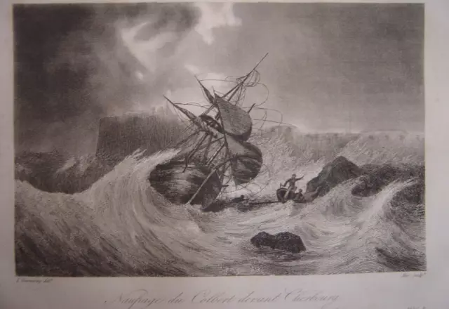 Très belle gravure du Naufrage du Colbert devant CHERBOURG Bateau Navire