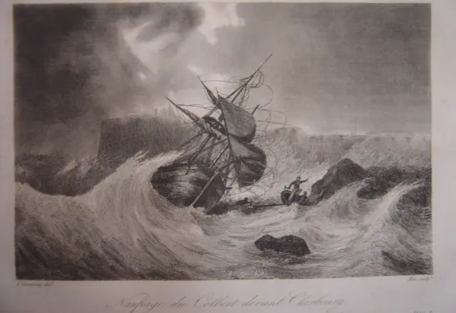 Very nice engraving of the Colbert shipwreck in front of CHERBOURG Bateau Navire