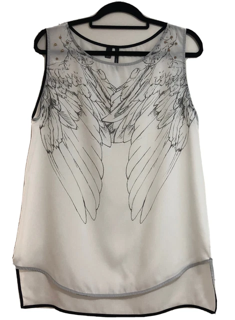 Ladies MANGO SUIT Ivory Angel Wings Top Hi Low Hem Sz M (US) Gold Stud Accent