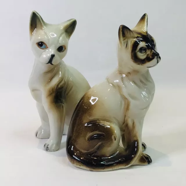 Pair Of Vintage Bone China Siamese Sphinx Style Cat Figurines / Ornaments VGC