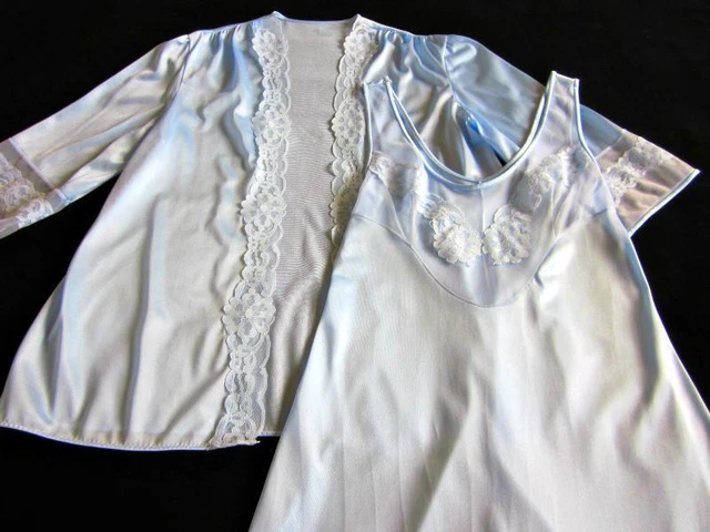 Camicia da notte vintage + set accappatoio abito S blu seta nylon illusione corpetto in pizzo