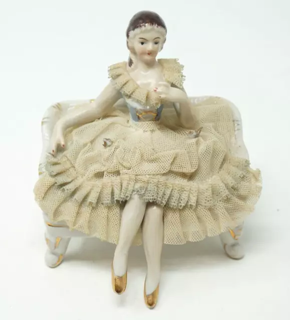 WALES JAPAN Vintage Porcelain Woman Lady Figurine Sitting Couch Lace