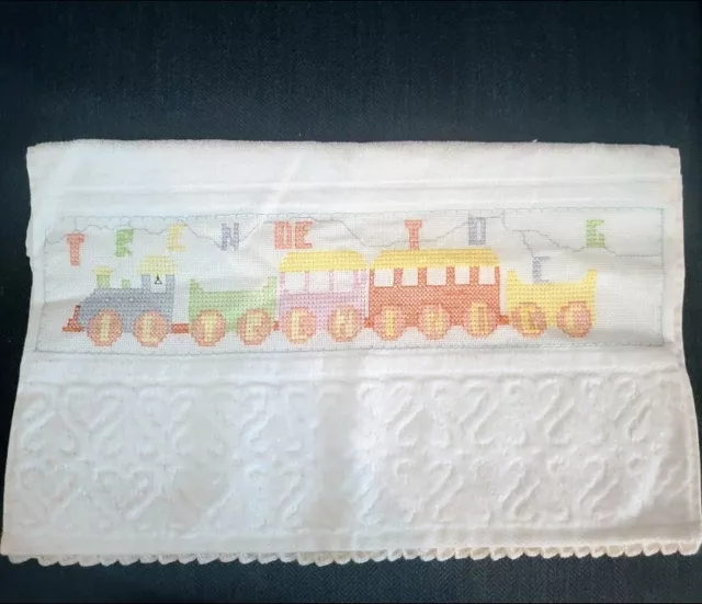 Hand Crosstitched Set Of Children Towels NWOT White Train Cars