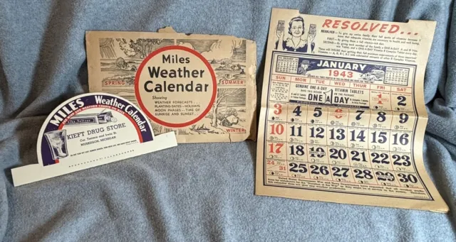 Antique 1943 Miles Weather Calendar Kieft Drug Store Muskegon MI ~ Must See!