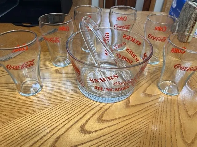 Vintage Coca Cola 8 Piece Snack Party Set!!! Chip Bowl, Tongs, Six Glasses!!!