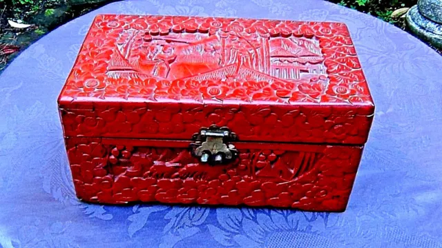 ANTIQUE 19c CHINESE LARGE WOOD CARVED RED LACQUERED CINNABAR HINGED BOX 12"L