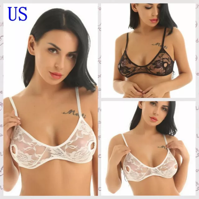 US Women Lace Bra Lingerie Nipple Hollow Out Bustier Bralette Wire-free Crop Top