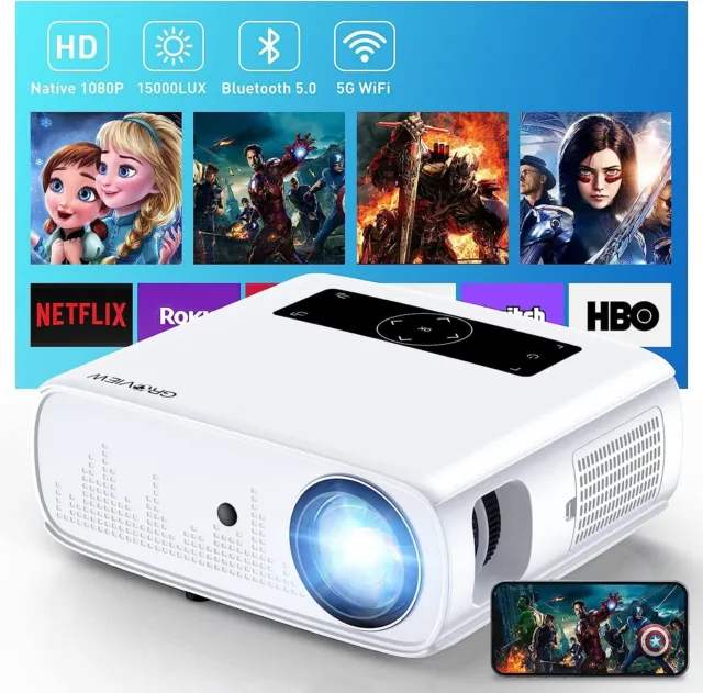 GROVIEW Projector, 15000Lux 490ANSI Native 1080P WIFI Bluetooth Projector, 300''