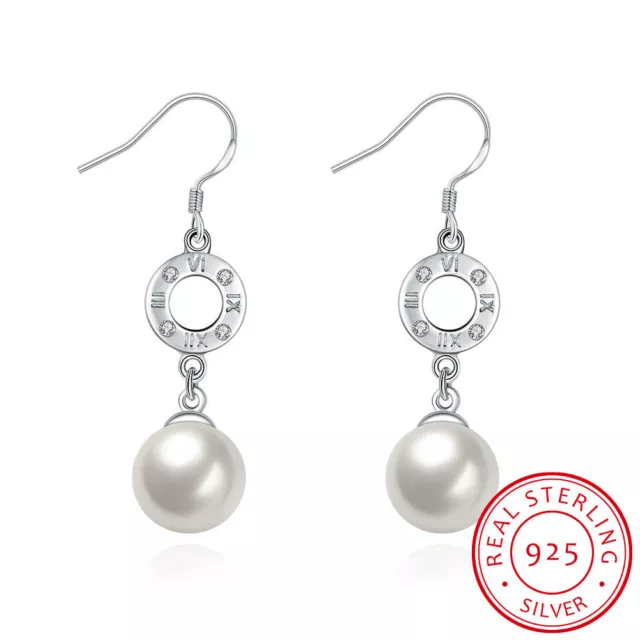 925 Sterling Sliver CZ Shell Pearl Dangly Drop Wedding Earring 2