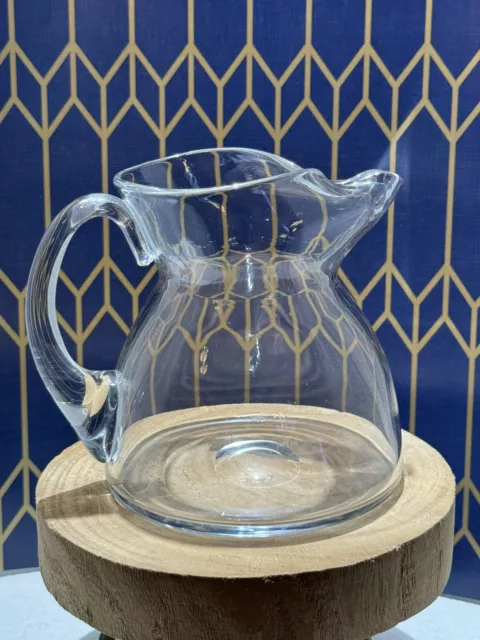 Vintage Hand Blown Clear Art Glass Water Pitcher with Ice Guard - 5” Tall
