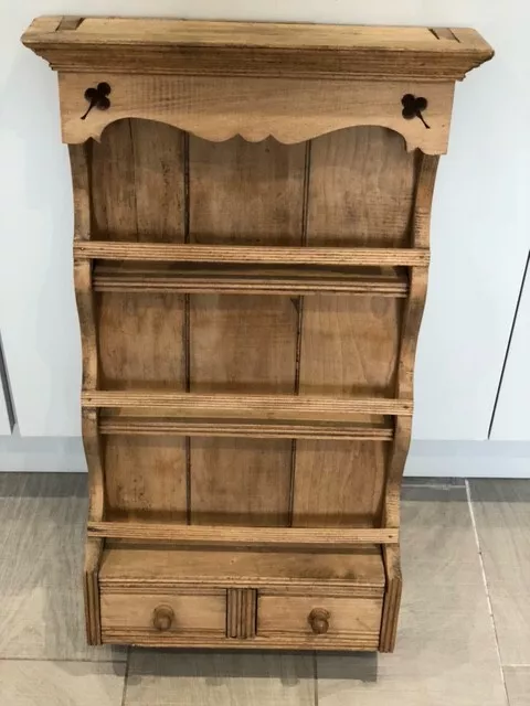 Vintage Natural Waxed Pine Wall Shelf Unit with 2 Drawers