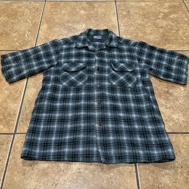 Pendleton Board Shirt loop collar wool Medium Blue Grey Black Shadow plaid USA