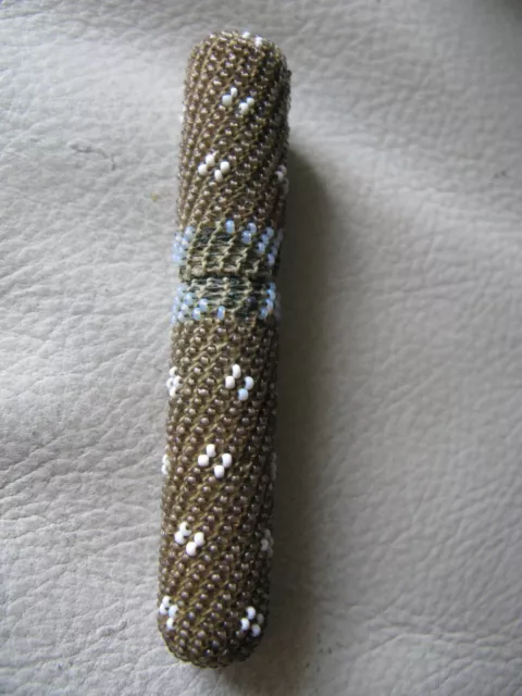 Antique Victorian Crochet Micro Bead Wood Sewing Needle Case Holder 3" 1860