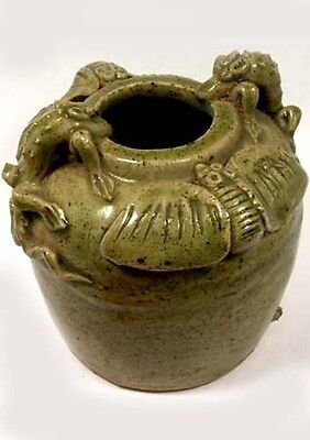 Qing Dynasty China Antique 19thC Ceramic Salamander + Bat Motif Fanciful Jar