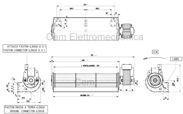 Ventilatore Tangenziale 270 mm per stufa a pellet Elledi Bion 8.3 ventola aria 2