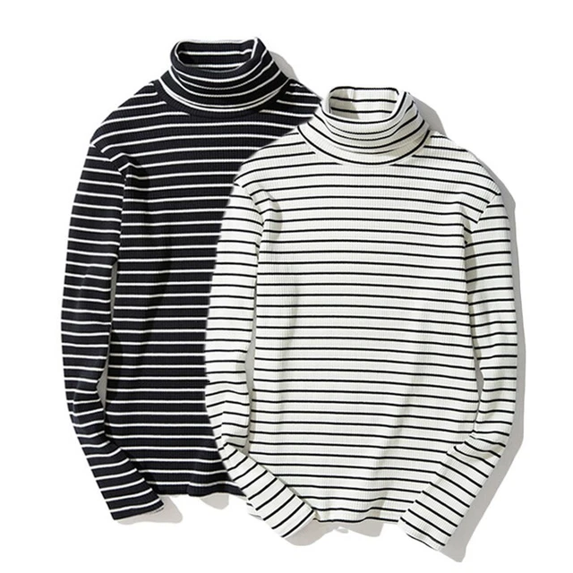 Uomo Moda a Righe Dolcevita Maglione Manica Lunga Casual Pullover Top Camicie