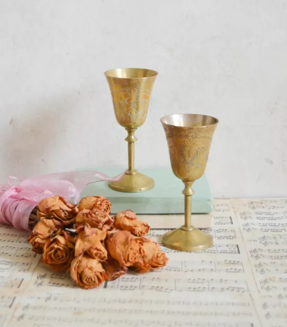 Vintage Pair EPNS Brass Goblets, Set of 2 Engraved Chalice Wine Wedding Cups