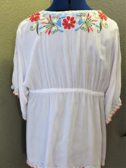 Baik Baik Honolulu Embroidered White Tunic Top Bat Wing Sleeves Boho Blouse M/L 3