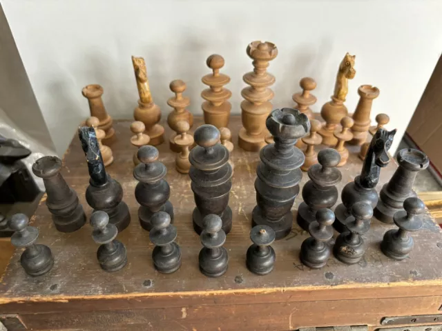 Antique Regency Chess Set Wooden Turned Figures